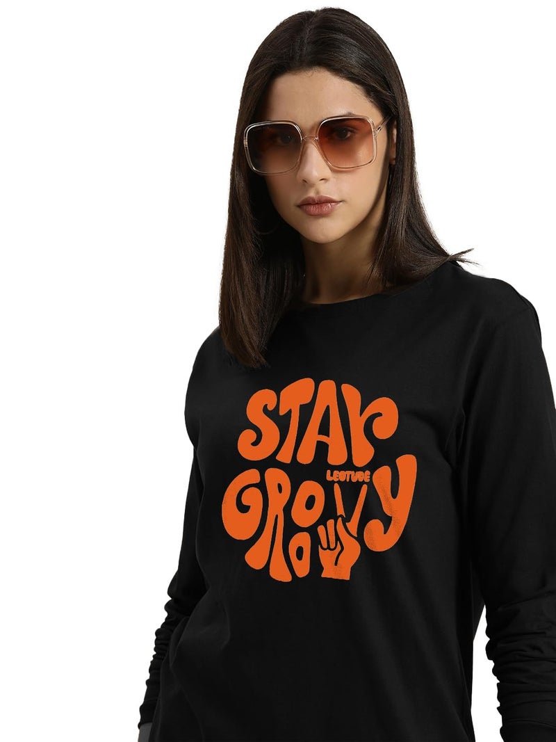 LEOTUDE Women Cotton Blend Boyfriend/Loose Fit Round Neck Full Sleeve T-Shirts (GRL32_Full_Sleeve_P_Black_2XL) - Image 4