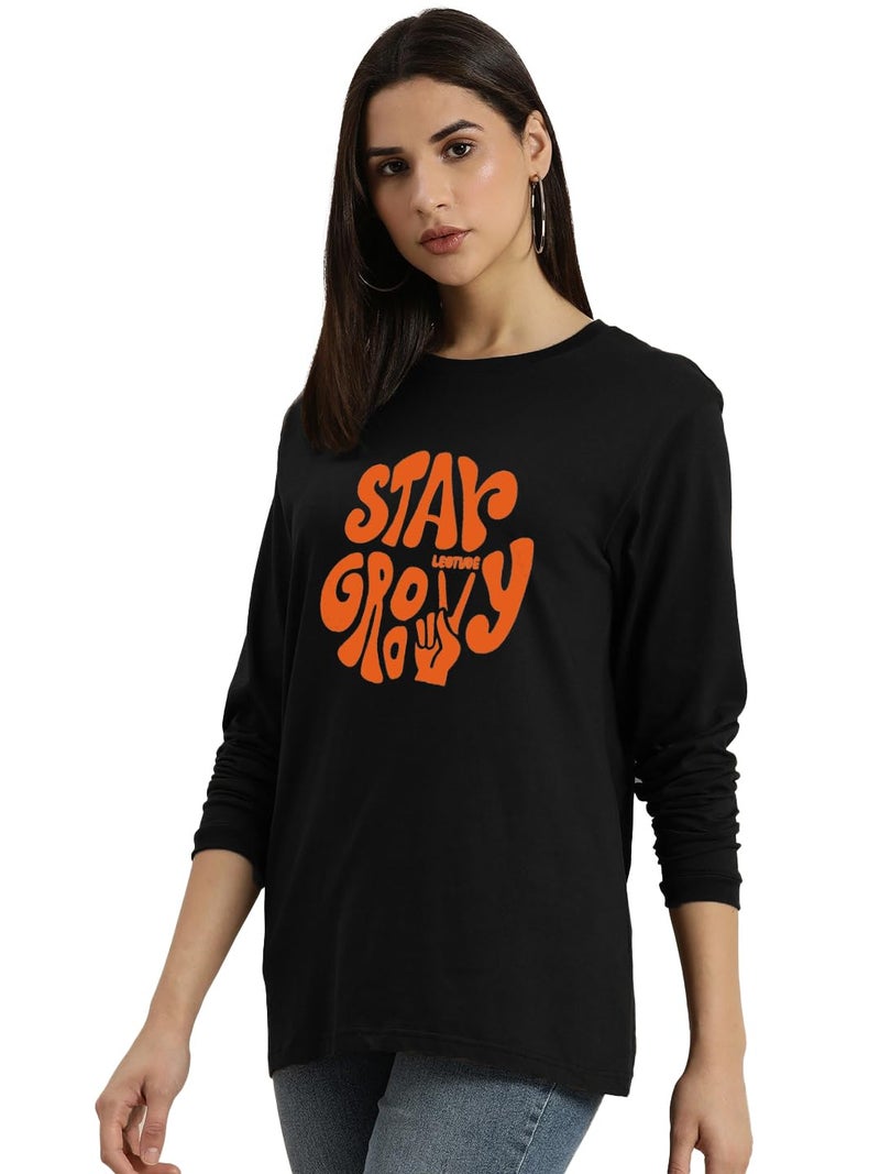 LEOTUDE Women Cotton Blend Boyfriend/Loose Fit Round Neck Full Sleeve T-Shirts (GRL32_Full_Sleeve_P_Black_2XL) - Image 2