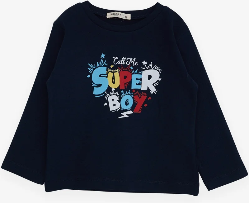 بريز Boy's Long Sleeve T-Shirt with Text Printing, Age 1-4, Navy Blue