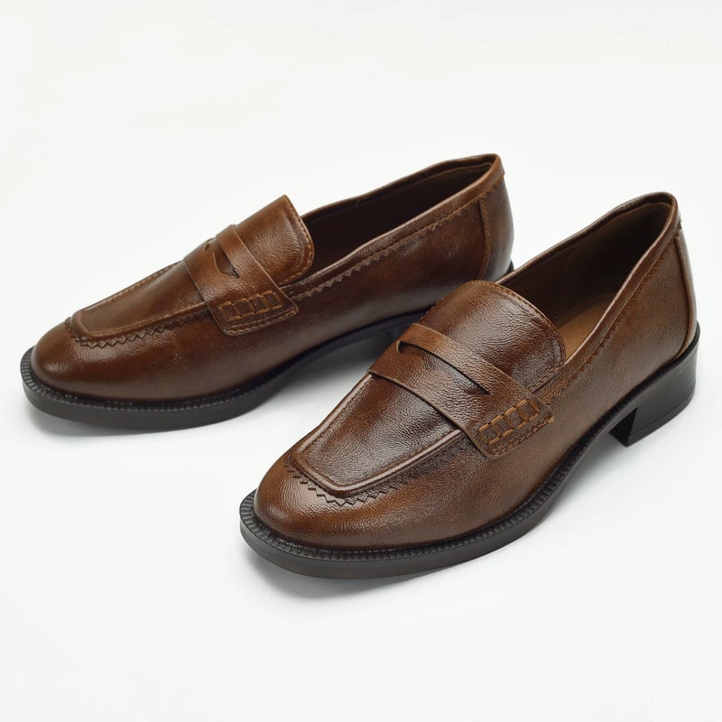 Vintage Brown Square Toe Loafers for Women - Image 3