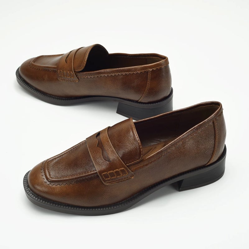 Vintage Brown Square Toe Loafers for Women - Image 2