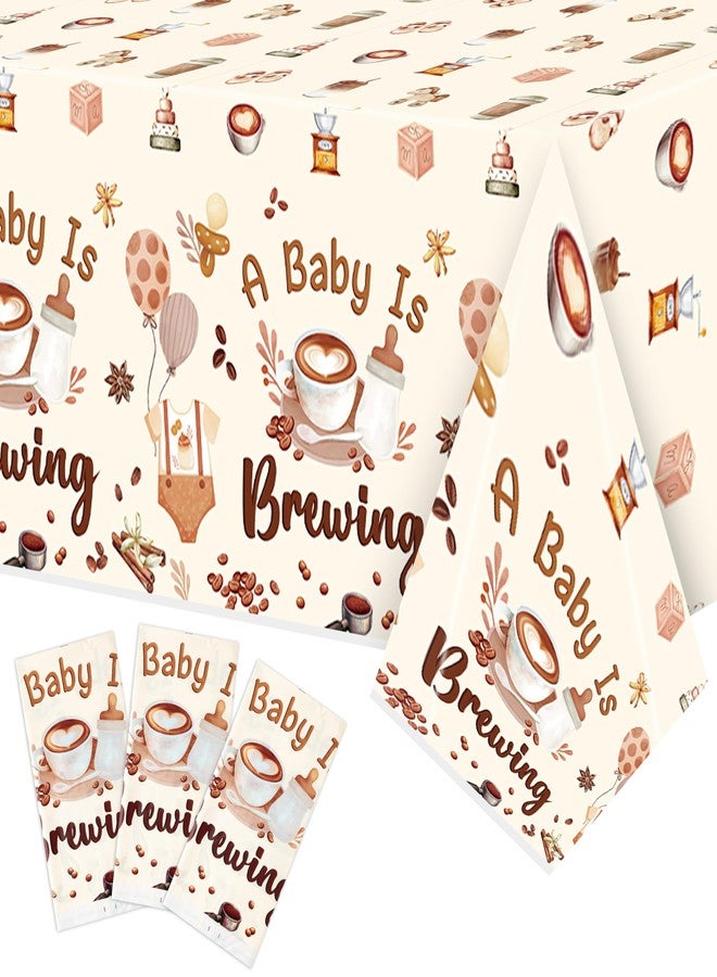 K1tpde 3PCS A Baby is Brewing Baby Shower Party Tablecloths for Kids, Coffee Themed Brown Plastic Tablecloths, Coffee Disposable Table Covers for Birthday Decorations, Pregnancy Diaper Party Supplies - Image 1