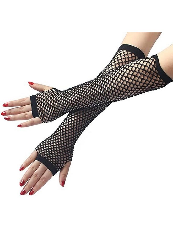 BLUPLE - BLUPLE Fishnet Gloves Long Nylon Mesh Fingerless Gloves for Women and Girls 80s Costume Wedding Evening Party Accessories 1 Pair - Image 1
