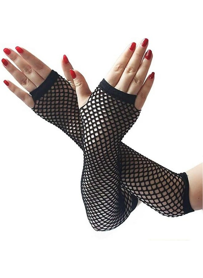 BLUPLE - BLUPLE Fishnet Gloves Long Nylon Mesh Fingerless Gloves for Women and Girls 80s Costume Wedding Evening Party Accessories 1 Pair - Image 1