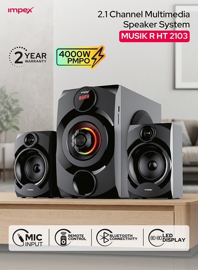 Impex 2.1 Channel Multimedia Speaker System MUSIK R HT 2103, 4000W PMPO with 4 Inch Subwoofer, Bluetooth, USB, AUX, SD Card, FM Radio, LED Display, Remote Control, Home Theater Audio System HT 2103 Black - Image 1