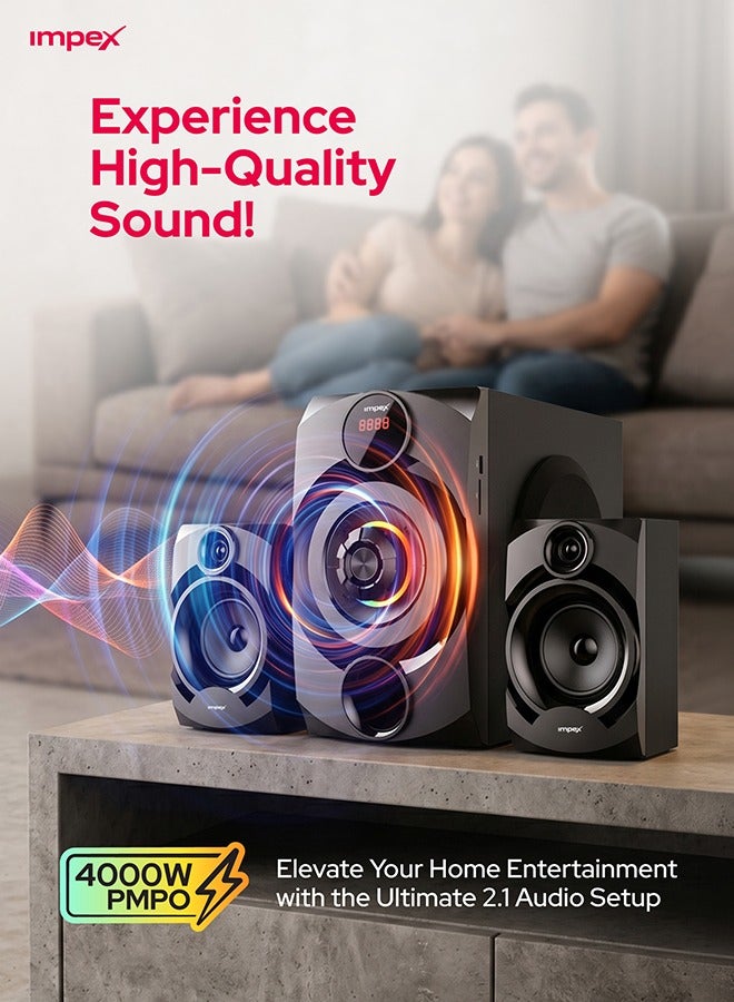 Impex 2.1 Channel Multimedia Speaker System MUSIK R HT 2103, 4000W PMPO with 4 Inch Subwoofer, Bluetooth, USB, AUX, SD Card, FM Radio, LED Display, Remote Control, Home Theater Audio System HT 2103 Black - Image 2