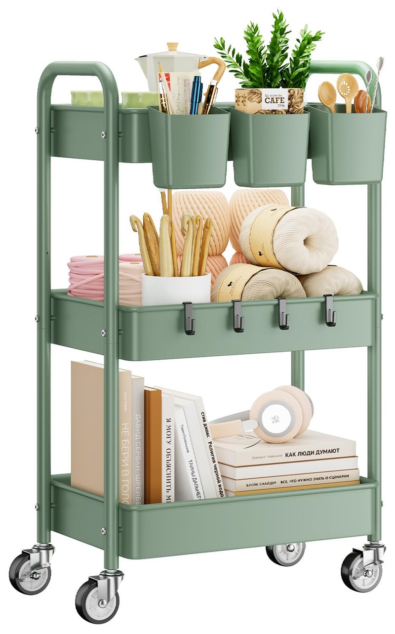 YASONIC 3-Tier Rolling Cart, Green, 66 Pounds Capacity, Mesh Storage Organizer with Lockable Wheels, 3 Hanging Cups, 4 Hooks, Easy Assembly, for Kitchen, Bathroom, Laundry, Grocery - Image 1