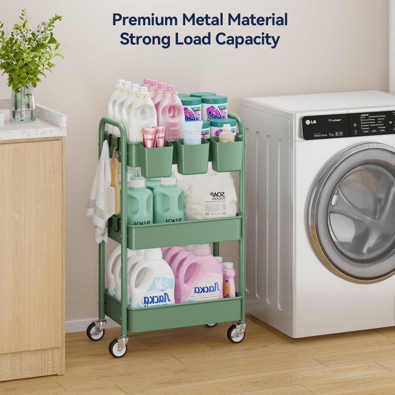 YASONIC 3-Tier Rolling Cart, Green, 66 Pounds Capacity, Mesh Storage Organizer with Lockable Wheels, 3 Hanging Cups, 4 Hooks, Easy Assembly, for Kitchen, Bathroom, Laundry, Grocery - Image 3