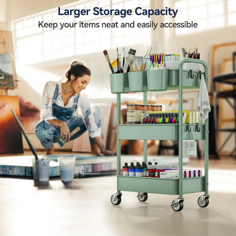 YASONIC 3-Tier Rolling Cart, Green, 66 Pounds Capacity, Mesh Storage Organizer with Lockable Wheels, 3 Hanging Cups, 4 Hooks, Easy Assembly, for Kitchen, Bathroom, Laundry, Grocery - Image 4