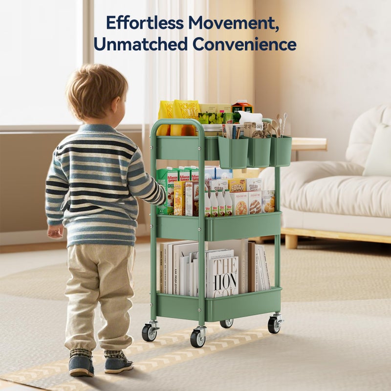 YASONIC 3-Tier Rolling Cart, Green, 66 Pounds Capacity, Mesh Storage Organizer with Lockable Wheels, 3 Hanging Cups, 4 Hooks, Easy Assembly, for Kitchen, Bathroom, Laundry, Grocery - Image 2