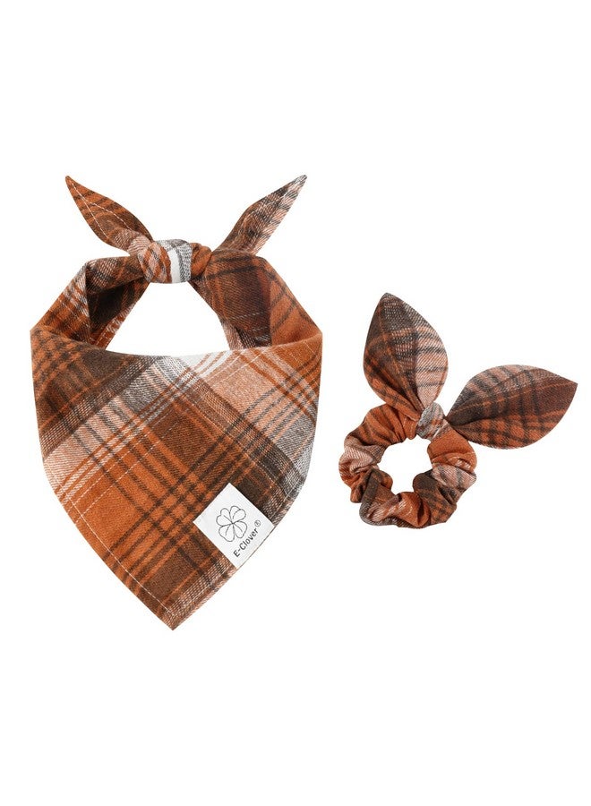 E-Clover Fall Dog Bandana & Matching ScrunchieThanksgiving Dog Bandana Triangle Plaid Pet Scarf Bib For Medium Large Dogs Girl Boy Owner Gift - Image 1