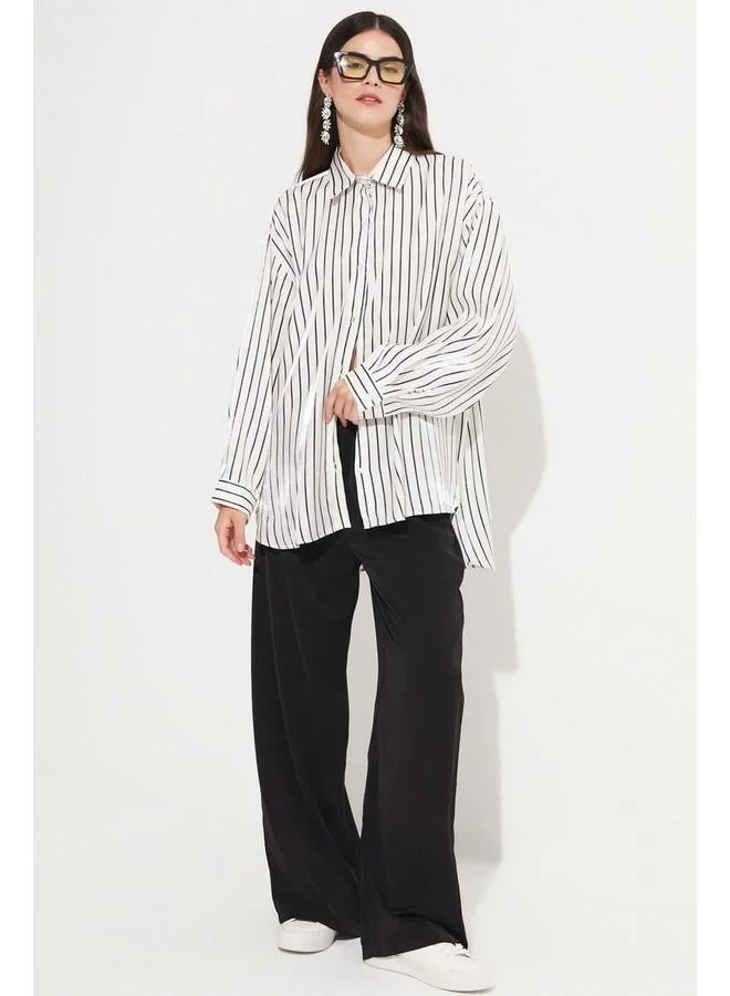 JUNE June Women Viscose Blend Striped Woven Shirt Black - White