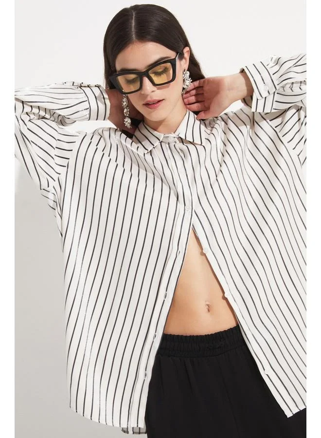 JUNE June Women Viscose Blend Striped Woven Shirt Black - White