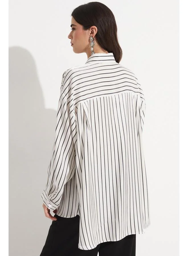 JUNE June Women Viscose Blend Striped Woven Shirt Black - White