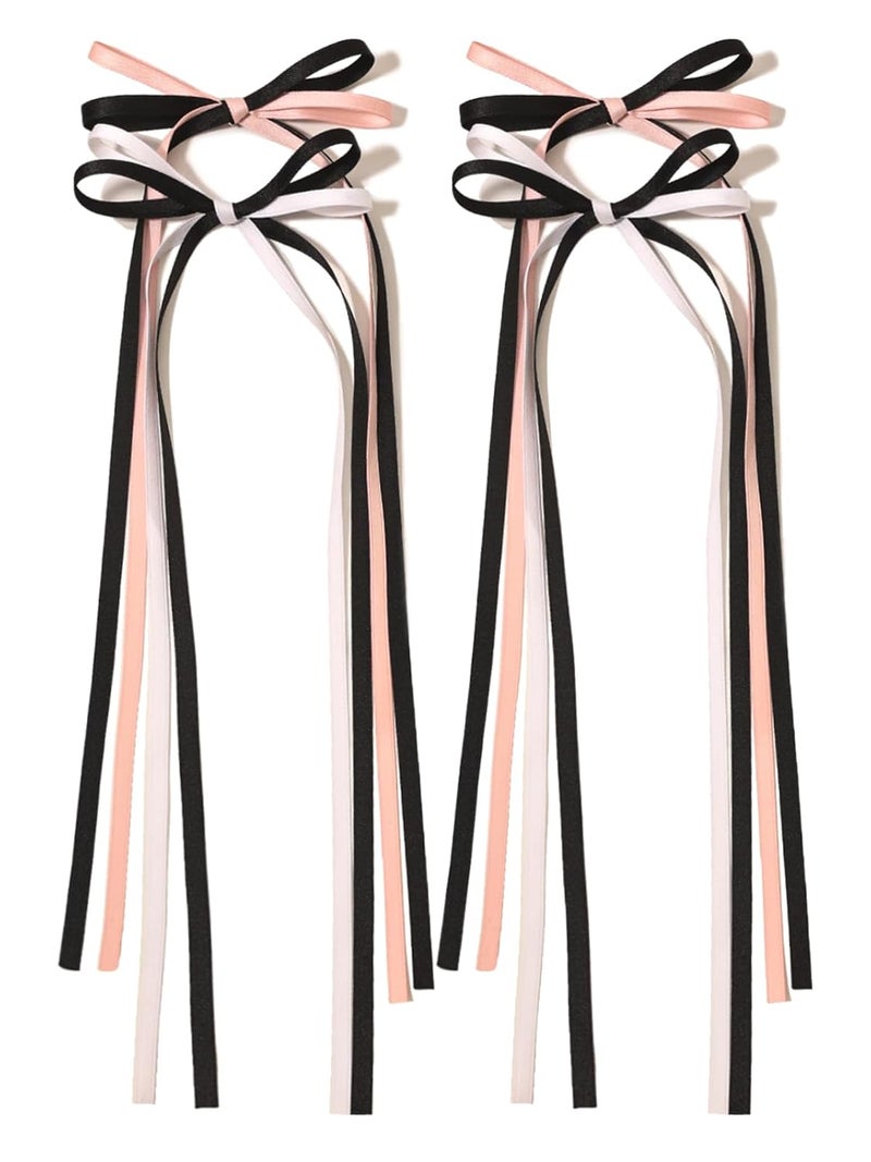 LFOUVRE Hair Accessories - Pink Ribbon Bow Clips with Long Tassels, Bowknot Barrettes for Girls and Women, 4pcs