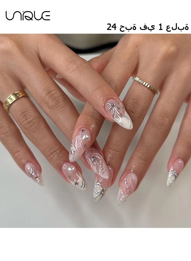 Unique 24 Pcs Fake Nails - Press Nails - Long Almond Manicure - Star Butterfly Knot Manicure - 3D Heart Glitter Manicure - Fake Nail Patch - Image 1