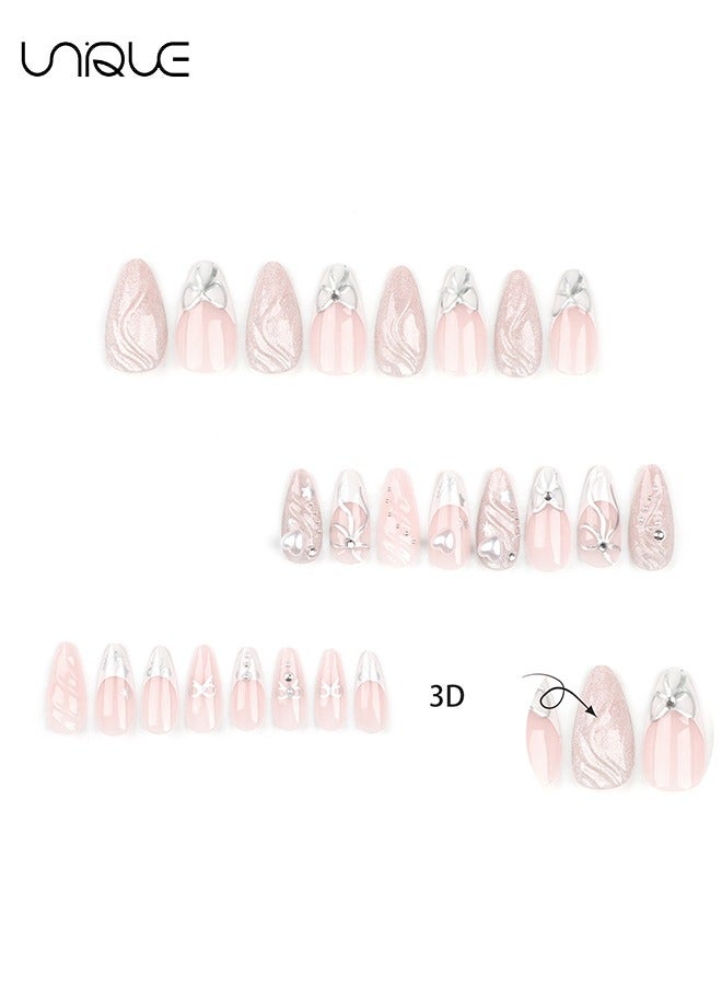 Unique 24 Pcs Fake Nails - Press Nails - Long Almond Manicure - Star Butterfly Knot Manicure - 3D Heart Glitter Manicure - Fake Nail Patch - Image 2