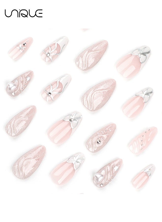 Unique 24 Pcs Fake Nails - Press Nails - Long Almond Manicure - Star Butterfly Knot Manicure - 3D Heart Glitter Manicure - Fake Nail Patch - Image 3