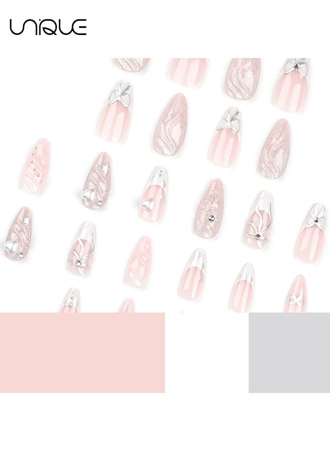 Unique 24 Pcs Fake Nails - Press Nails - Long Almond Manicure - Star Butterfly Knot Manicure - 3D Heart Glitter Manicure - Fake Nail Patch - Image 4