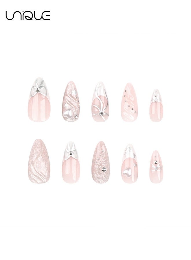 Unique 24 Pcs Fake Nails - Press Nails - Long Almond Manicure - Star Butterfly Knot Manicure - 3D Heart Glitter Manicure - Fake Nail Patch - Image 5