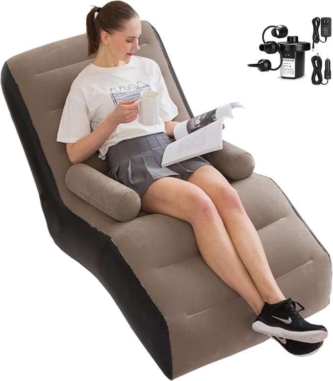 Sarjak Inflatable Recliner Sofa with 2in1 Electric Pump Portable Plush Air Lounge Chair for Home Office Beach Travel and Camping Brownwith Pump New AIR Sofa Set - Image 1