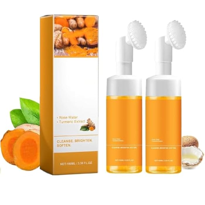 OUKPANE 2 Pcs Turmeric Face Wash with Brush, Deep Cleansing Glow Turmeric Foaming Face Wash for All Skin Types. - Image 1