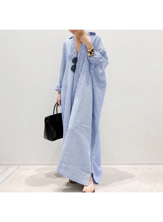 Large Size Women's Clothing Long Skirt Striped Straight Skirt Shirt Skirt Loose Coat Seven-point Sleeve Dress 