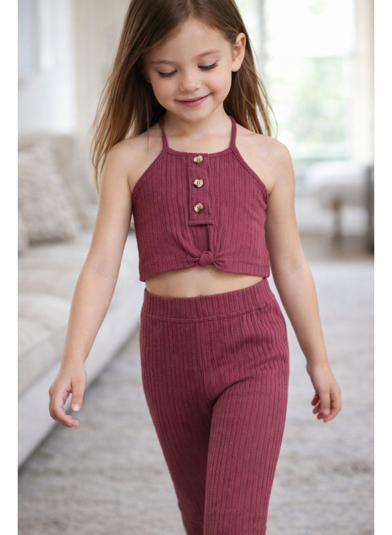 شي إن طقم بناتي نبيتي شيك مكوّن من كروب توب بحمالات وليجن مضلع، خامة ناعمة واسترتش مريحة، مناسب للخروج واللبس اليومي، تصميم عصري يدي لبنتك شكل مميز ومريح. - Image 1