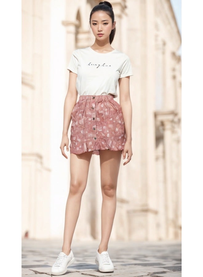 LoryLux Girls Algae Floral Print Skirt – Soft Eco-Friendly Viscose, Stylish Button-Down Ruffle Hem, Elastic Waistband (Pink) - Image 3