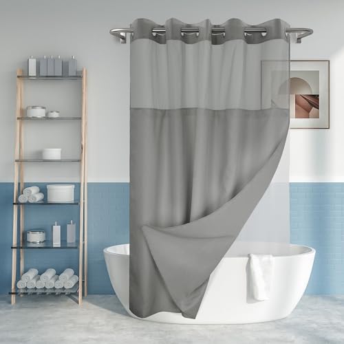 River Dream No Hook Slub Textured Shower Curtain with Waterproof PEVA Liner Set - 71" x 74"(72"), Hotel Style with See Through Top Window, Fabric Curtain & Waterproof Liner for Bathroom, Dark Gray, 71x74 - Image 1