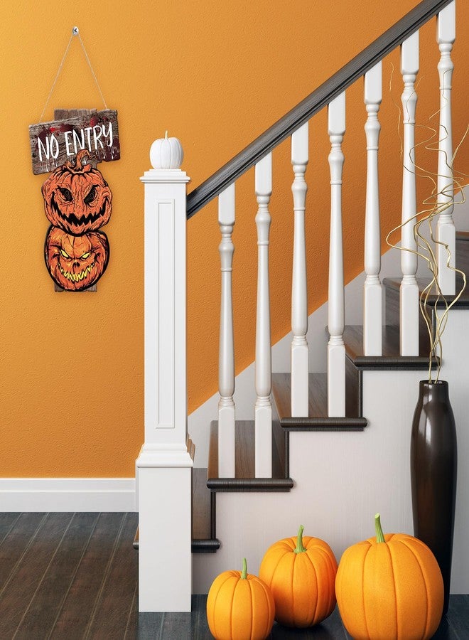 AnyDesign Halloween Front Door Sign Scary Pumpkin Door Sign No Entry Warning Door Hanger Rustic Wood Hanging Sign for Halloween Party Indoor Outdoor Farmhouse Wall Window Decor - Image 5
