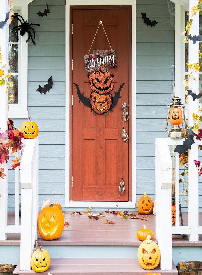 AnyDesign Halloween Front Door Sign Scary Pumpkin Door Sign No Entry Warning Door Hanger Rustic Wood Hanging Sign for Halloween Party Indoor Outdoor Farmhouse Wall Window Decor - Image 4