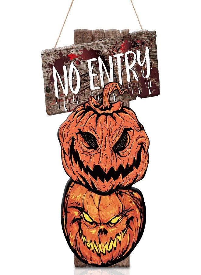 AnyDesign Halloween Front Door Sign Scary Pumpkin Door Sign No Entry Warning Door Hanger Rustic Wood Hanging Sign for Halloween Party Indoor Outdoor Farmhouse Wall Window Decor - Image 1