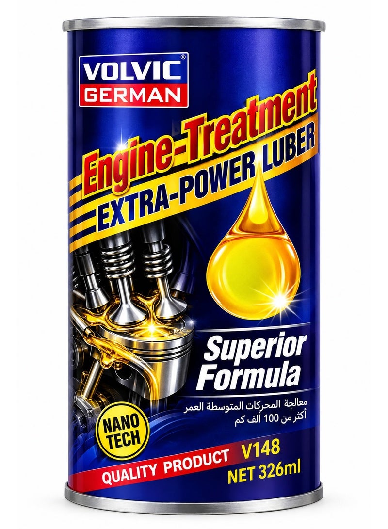 فولفيك معالج محرك VOLVIC GERMAN Engine Treatment Extra-Powerlube V148 بتقنية Nano Tech، إضافة لزيت المحرك بتركيبة Superior Formula سعة 326 مل، مصمم للمساعدة على تقليل احتكاك وتآكل أجزاء المحرك ودعم التشحيم وخفض الضوضاء ودرجة حرارة التشغيل وتحسين كفاءة المحرك، مناسب لمحركات البنزين والديزل وخاصة المحركات متوسطة العمر التي تجاوزت 100,000 كم - Image 1