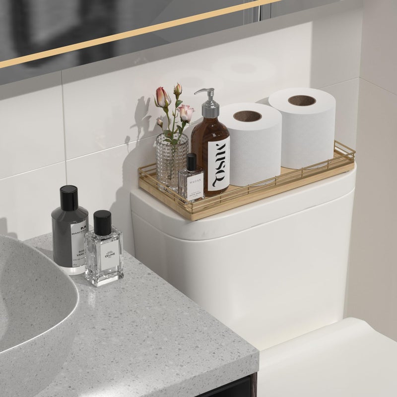 Focusonit Oak Bathroom Toilet Tank Tray, 13" Wood Back of Toilet Paper Storage Tank Topper Basket, Vanity Tray for Perfume Makeup Candle Toiletry Organizer for Kitchen Coffee Table Natural Tray Decor - Image 4