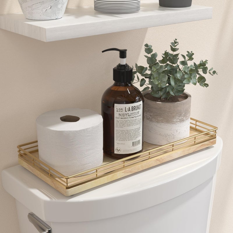 Focusonit Oak Bathroom Toilet Tank Tray, 13" Wood Back of Toilet Paper Storage Tank Topper Basket, Vanity Tray for Perfume Makeup Candle Toiletry Organizer for Kitchen Coffee Table Natural Tray Decor - Image 1