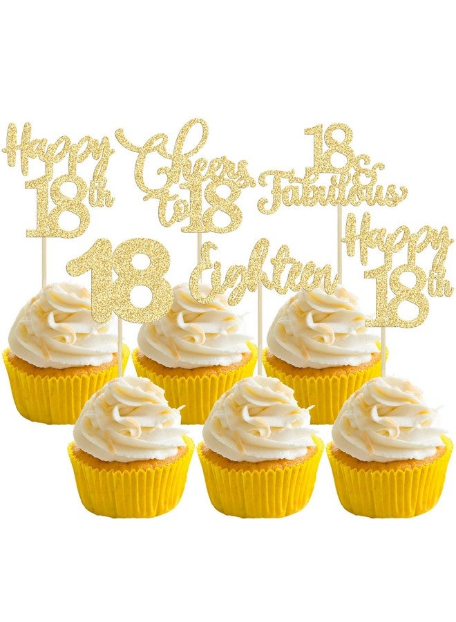 Ephlyn 30 Pack Happy 18th Birthday Cupcake Toppers - Gold Glitter Cheers to 18 Years Old Cupcake Picks for Anniversary Party Cake Decorations - Image 1