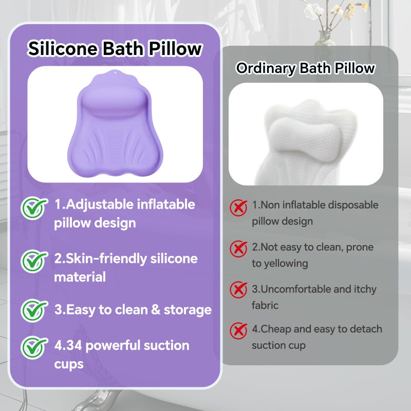 Jalopink Luxury Silicone Bath Pillow for Tub, New Cloud-Soft 4D Air-Cushion Bathtub Pillow for Head and Neck & Back Support, Strong Suction Cups, Waterproof Quick-Dry Bathtub Headrest (Purple) - Image 5