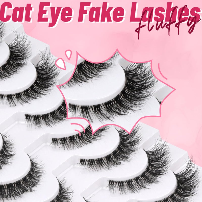 Fyonas Cat Eye Lashes Wispy False Eyelashes 5-14mm Short Fake Lashes Natural Look D Curl Strip Lashes with Clear Band 8 Pairs Soft Fluffy Lashes Pack (CT01) - Image 4