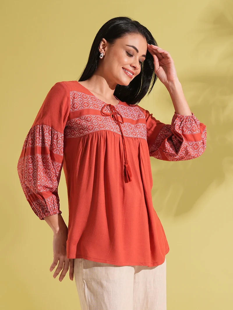 globus Women Tie-Up Round Neck Bishop Sleeves Ethnic Print Gathered A-Line Workwear Tunic