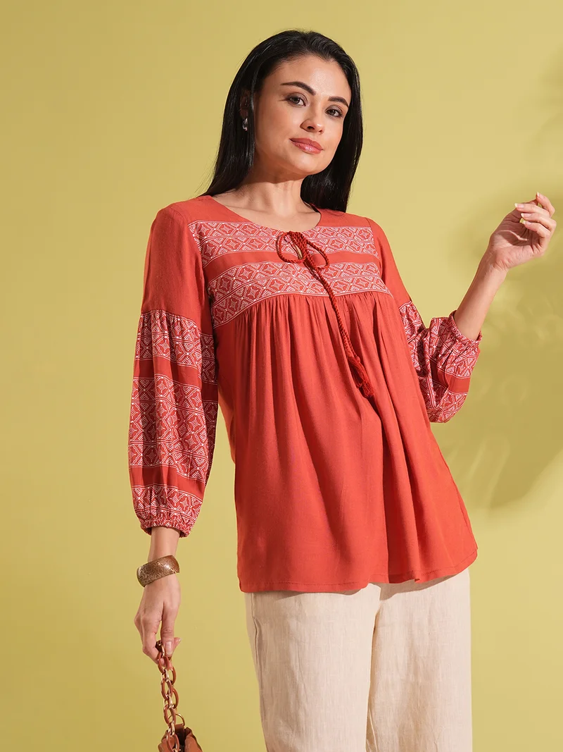 globus Women Tie-Up Round Neck Bishop Sleeves Ethnic Print Gathered A-Line Workwear Tunic