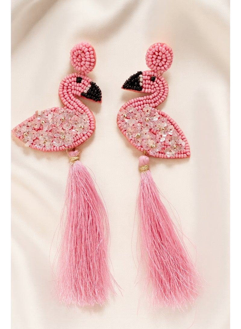 Ready For Chai Handmade Flamingo Beaded Tassel Earrings – Pink Statement Jewelry for Women, Boho Chic Dangle Earrings