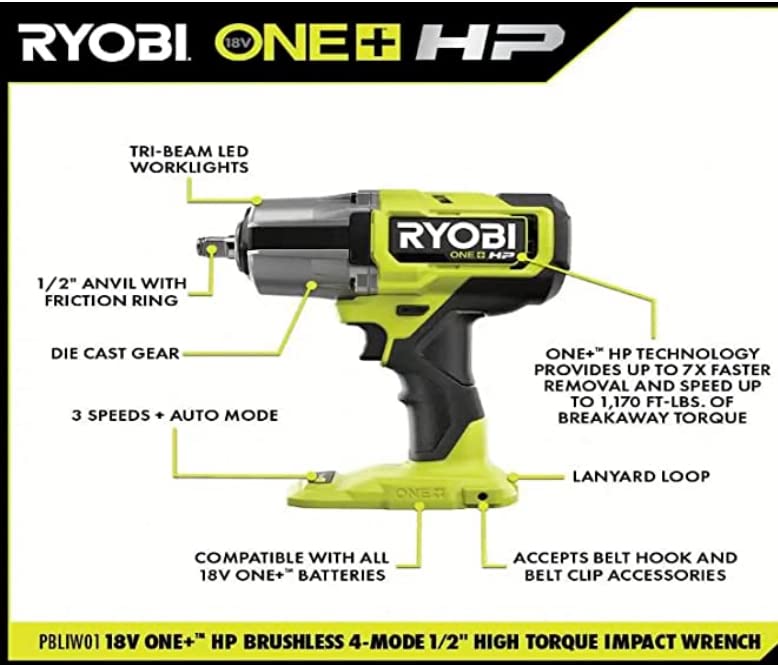RYOBI - ONE+ HP 18V Brushless Cordless 4-Mode 1/2 in. High Torque Impact Wrench (Tool Only) - PBLIW01B - Image 2