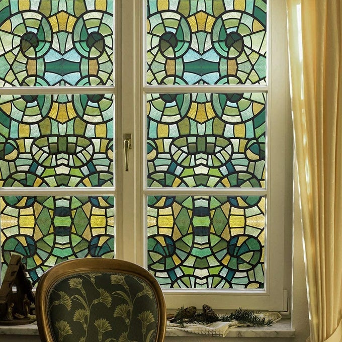 PRIVACY STAINED GLASS WINDOW FILM SINGLE SIDED STATIC CLING GLASS COVERS SUITABLE FOR ENTRYWAY DECOR FOR BATHROOM GLASS WINDOW 118X118 GREEN GLASS MOSAIC