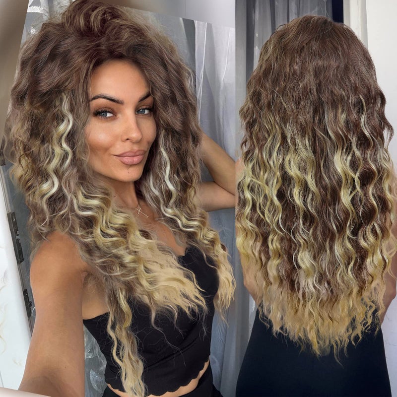 GNIMEGIL 26 inch Long Curly Wigs for Women Synthetic Hair Brown Mixed Blonde Wig with Highlights Mixed Color Wig Soft Natural Wave Wigs for Daily Carnival Party Halloween Costume 80s Cosplay