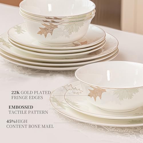 FHGNYSM Artistic Bone China Dinnerware Set with Gold Trim, Crafted with Traditional Chinese Artistry, Glazed Inner Patterns, Service for 4 – Maple Leaf Collection - Image 3