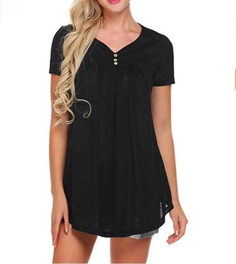 2022 Cross-border European and American foreign trade hot women's clothing wish AliExpress's new V-neck short-sleeved loose T-shirt black XL - Image 1
