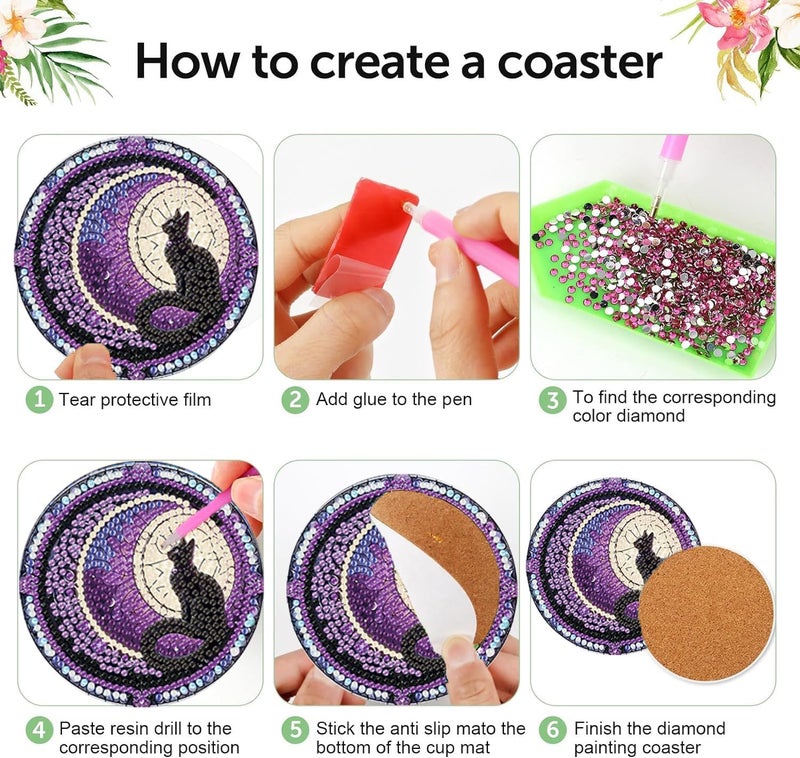 croshom Diamond Art Coasters Kits for Adults - 6 PCS Cat DIY Coaster Diamond Art Kit with Holder, Diamond Painting Coaster for Adults Beginner, Diamond Crafts Kits - Image 4