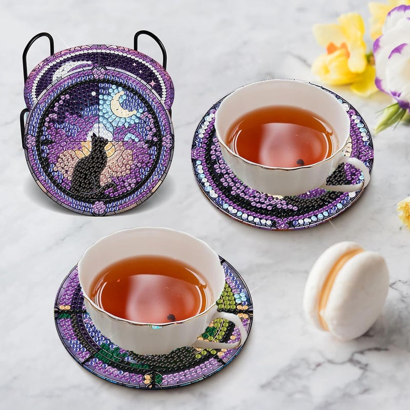 croshom Diamond Art Coasters Kits for Adults - 6 PCS Cat DIY Coaster Diamond Art Kit with Holder, Diamond Painting Coaster for Adults Beginner, Diamond Crafts Kits - Image 5