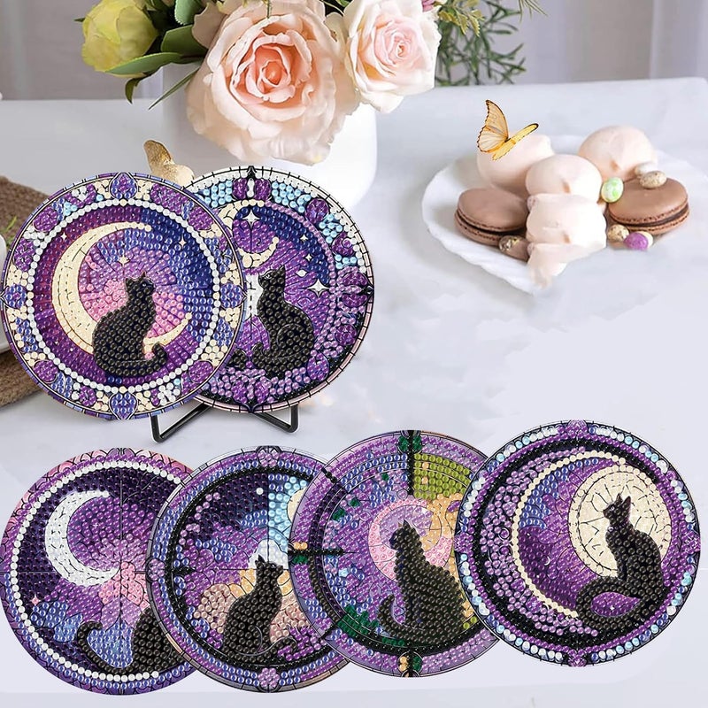croshom Diamond Art Coasters Kits for Adults - 6 PCS Cat DIY Coaster Diamond Art Kit with Holder, Diamond Painting Coaster for Adults Beginner, Diamond Crafts Kits - Image 2